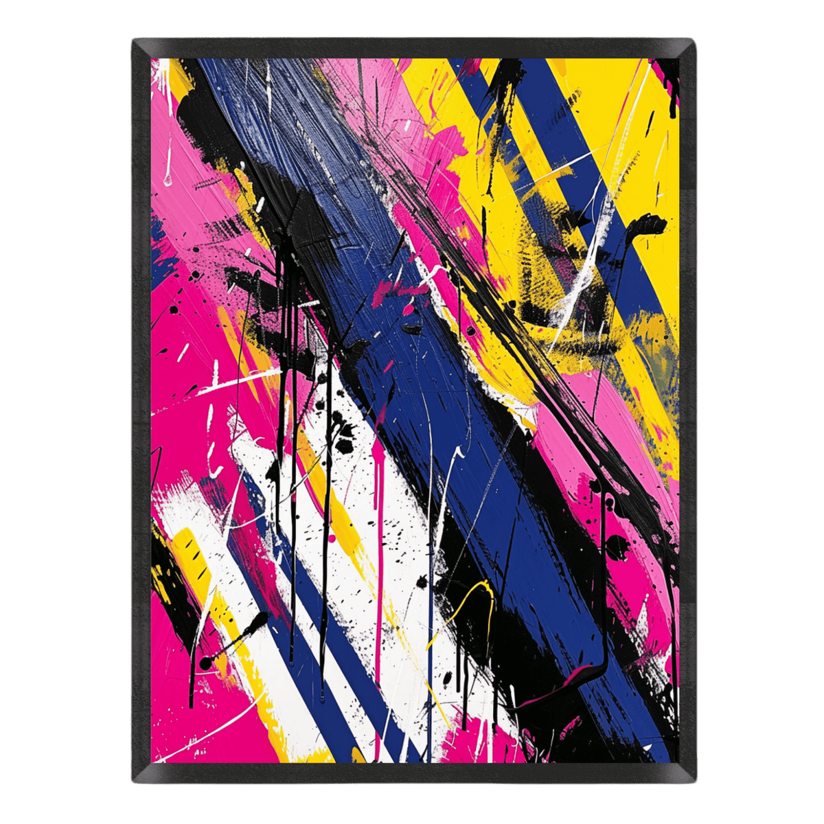dynamic abstract expressionist art print featuring energetic diagonal brushstrokes, paint splatters, and drips in vivid hot pink, royal blue, bright yellow, white, and black, enclosed in a thin black frame