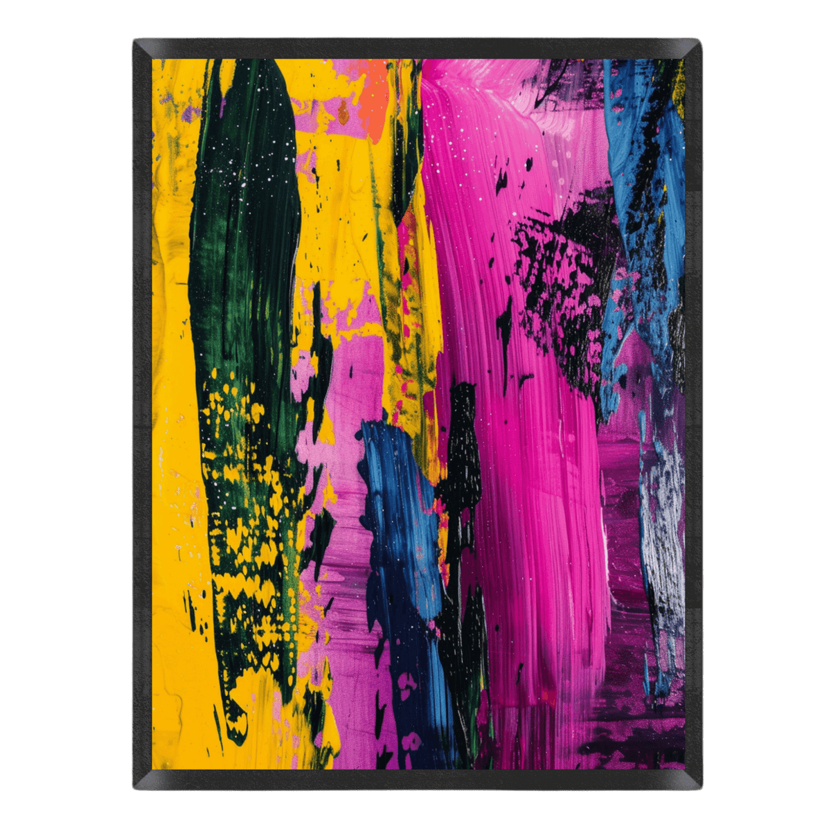Abstract art print with colorful brush strokes on a black background
