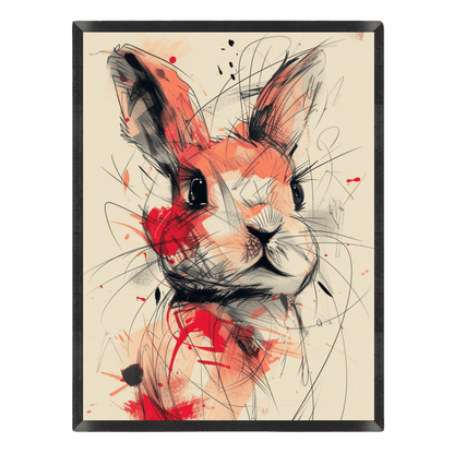 Abstract art of a rabbit's face with red and black accents on a beige background