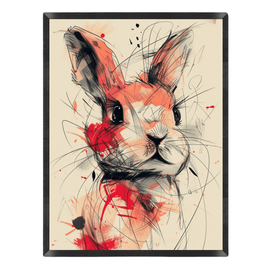 Abstract art of a rabbit's face with red and black accents on a beige background