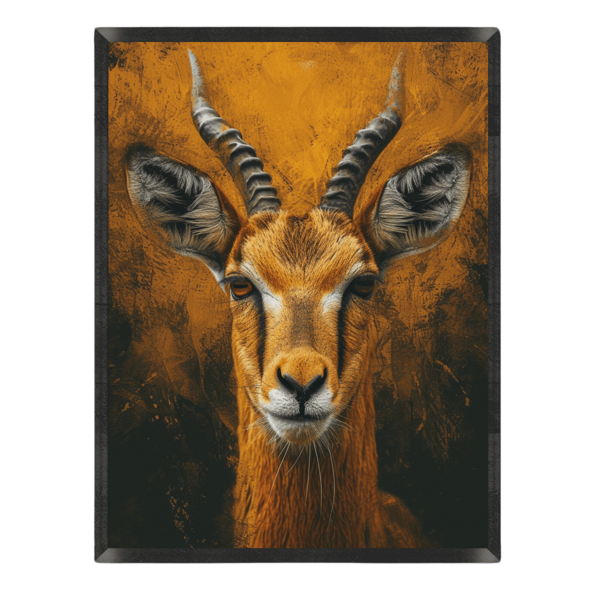 Framed artwork of a deer with large antlers on an orange and brown background