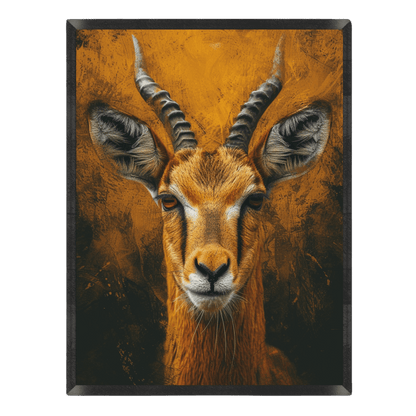 Framed artwork of a deer with large antlers on an orange and brown background