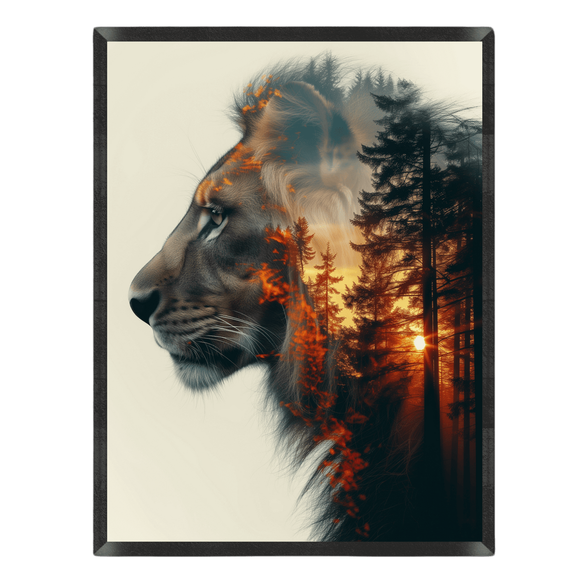 Lion's profile with a forest and sunset overlay