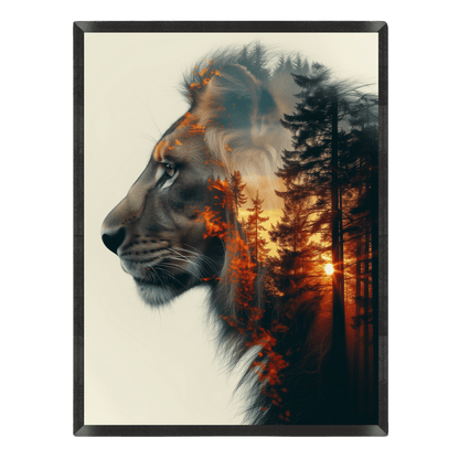 Lion's profile with a forest and sunset overlay