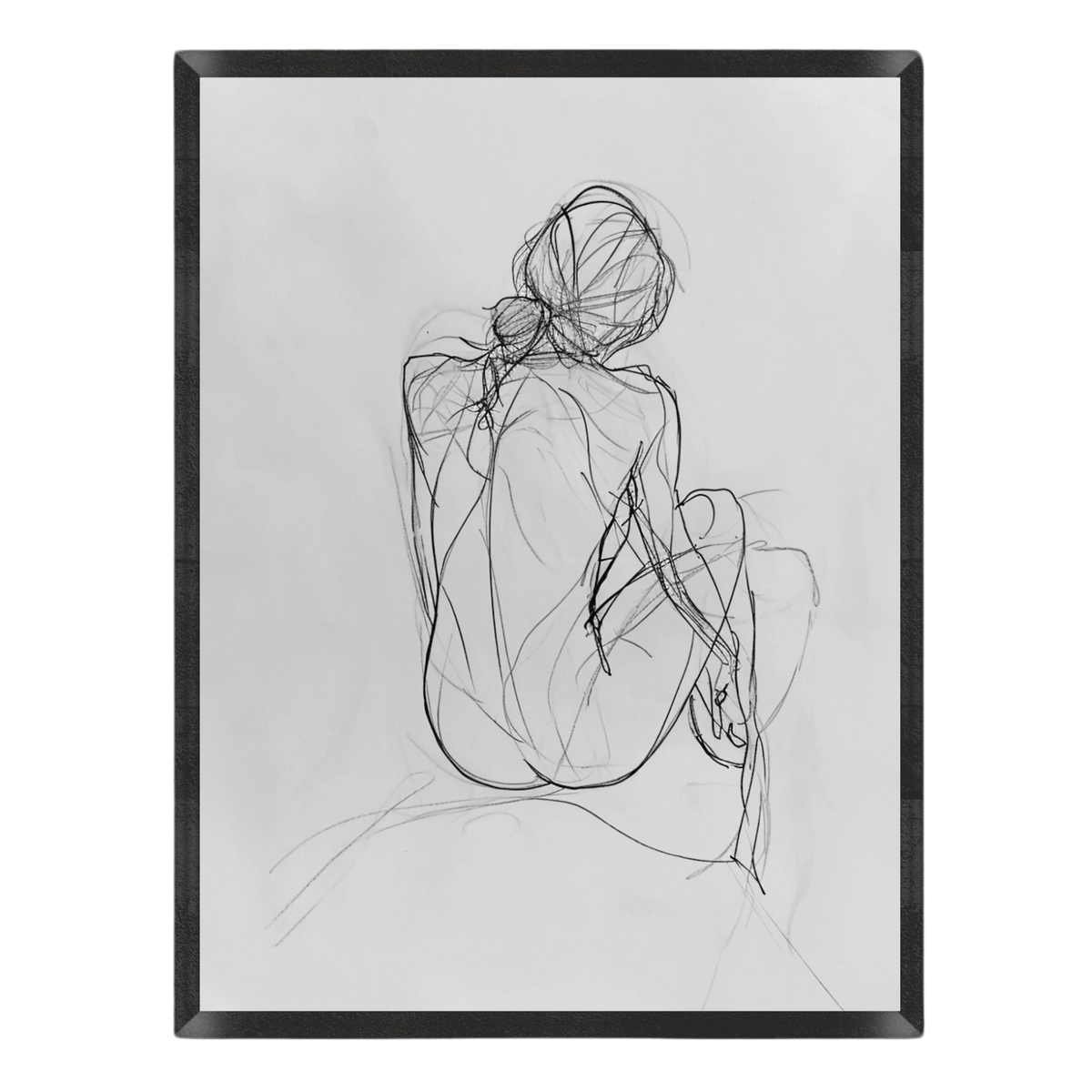 Framed line art of a woman sitting with a flower in her hair on a white background.