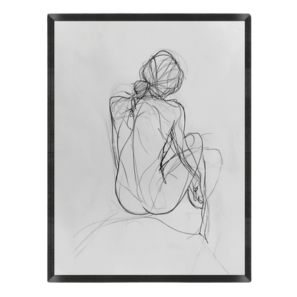 Framed line art of a woman sitting with a flower in her hair on a white background.