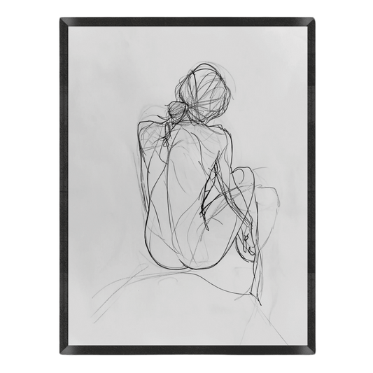 Framed line art of a woman sitting with a flower in her hair on a white background.