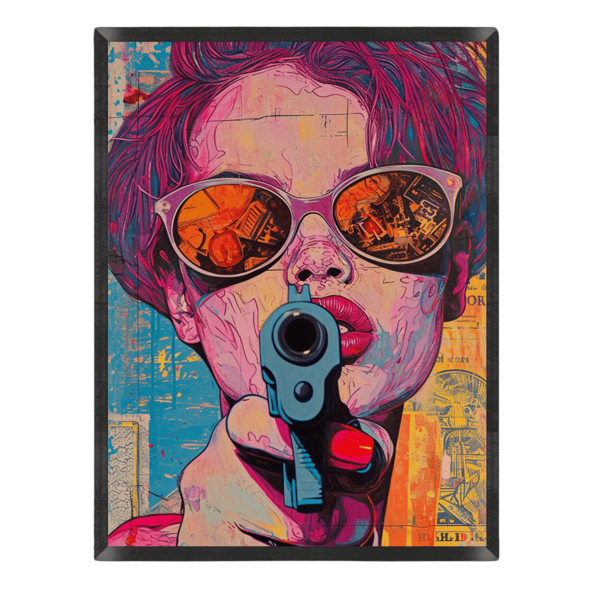 Colorful artwork of a woman holding a gun with abstract design elements