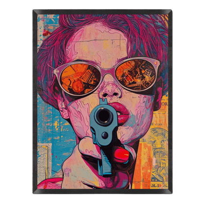 Colorful artwork of a woman holding a gun with abstract design elements