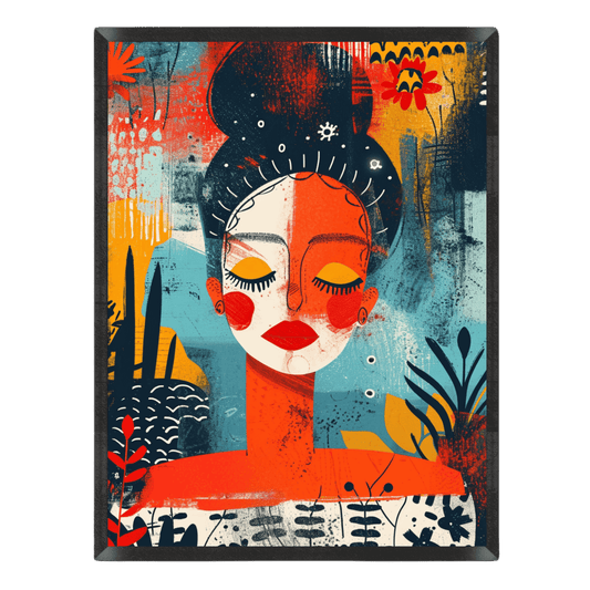 Colorful abstract art print of a stylized face with geometric patterns and vibrant colors.