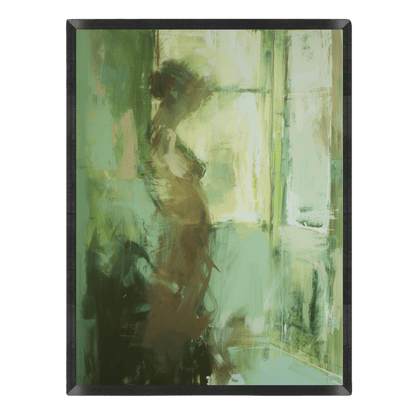 Abstract woman painting with green and brown tones on a black background