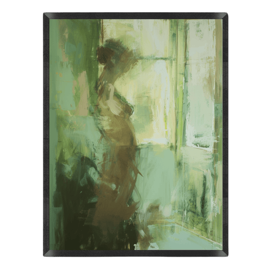 Abstract woman painting with green and brown tones on a black background