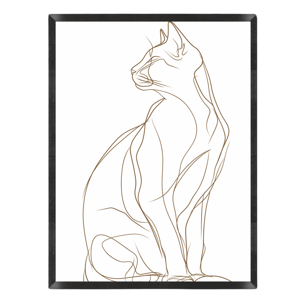 Line art of a cat sitting on a white background with a black frame