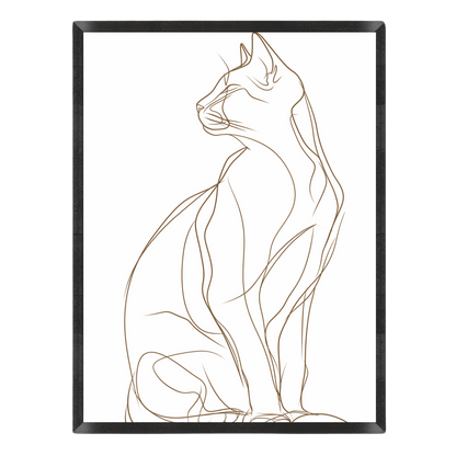 Line art of a cat sitting on a white background with a black frame