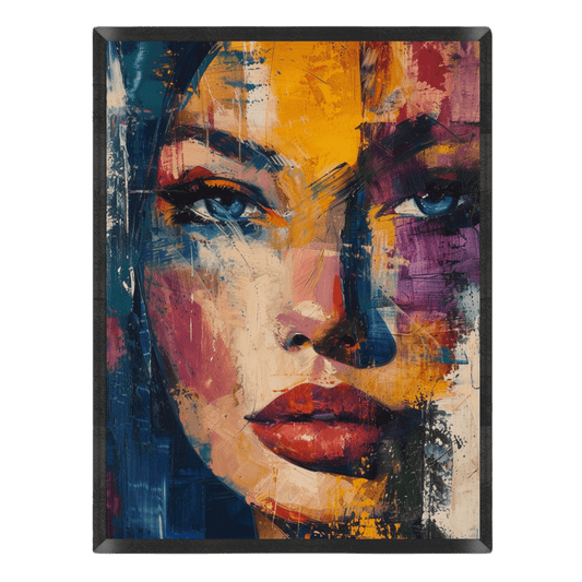 expressive abstract portrait poster featuring a close-up of a woman's face with striking blue eyes, bold red lips, and heavily textured impasto brushstrokes in yellow, purple, teal blue, and pink tones, enclosed in a thin black frame