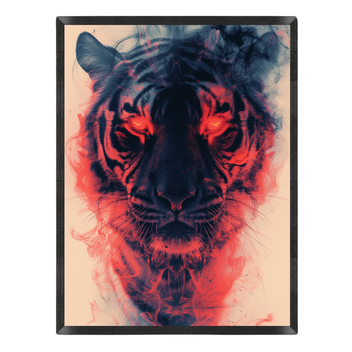 Framed artwork of a tiger with red and blue hues on a beige background