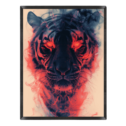 Framed artwork of a tiger with red and blue hues on a beige background