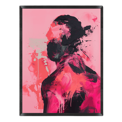 Abstract art print with a black silhouette on a pink background