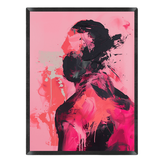 Abstract art print with a black silhouette on a pink background