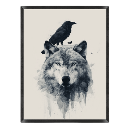 Framed artwork of a wolf with a raven on its head against a white background