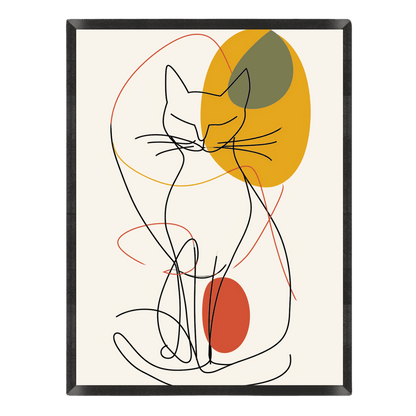 Abstract line art of a cat with colored circles on a white background