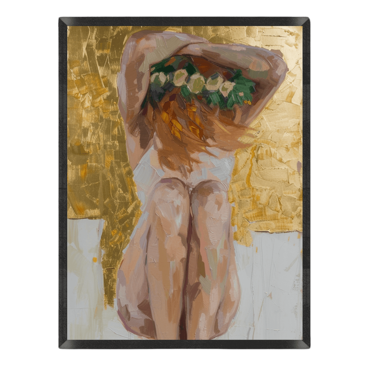Artistic depiction of a nude figure with a floral headpiece against a gold and white abstract background