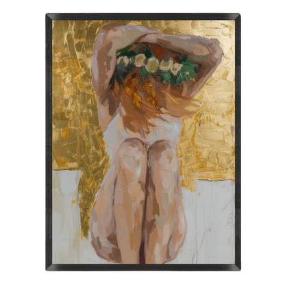 Artistic depiction of a nude figure with a floral headpiece against a gold and white abstract background