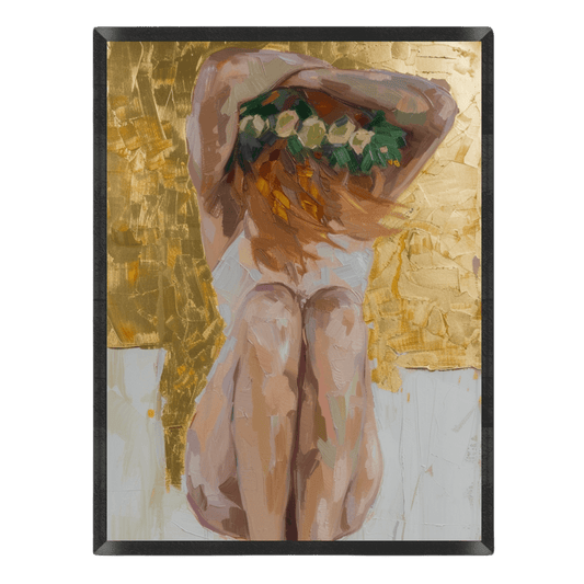 Artistic depiction of a nude figure with a floral headpiece against a gold and white abstract background