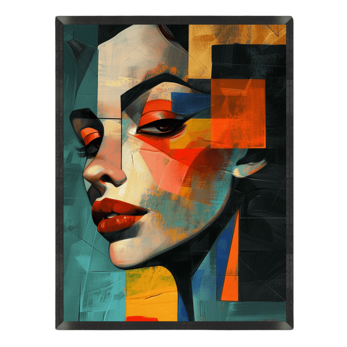 Abstract art piece with geometric shapes and a stylized face.