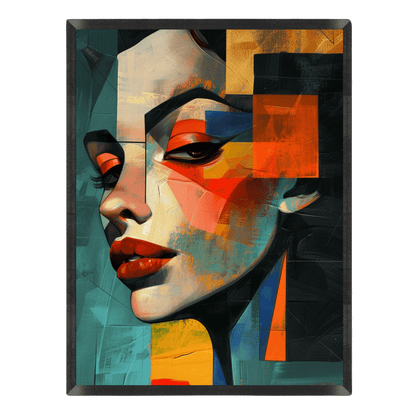 Abstract art piece with geometric shapes and a stylized face.