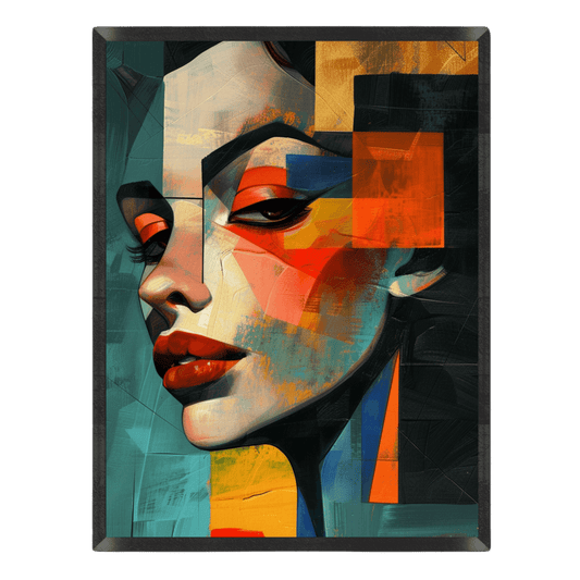 Abstract art piece with geometric shapes and a stylized face.