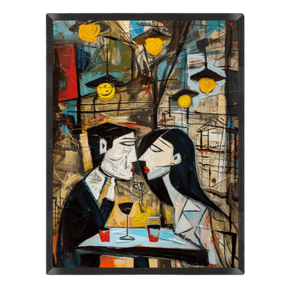 Artistic depiction of two people at a table with a colorful background
