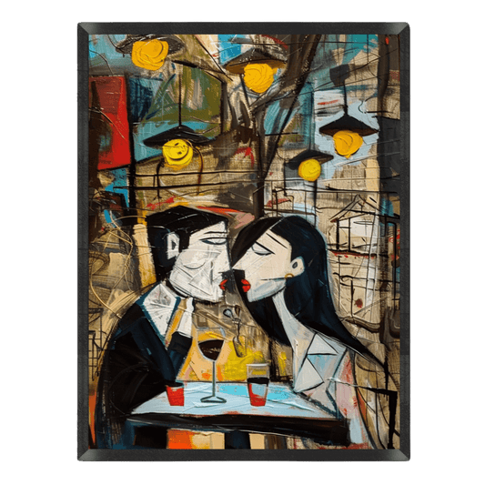 Artistic depiction of two people at a table with a colorful background