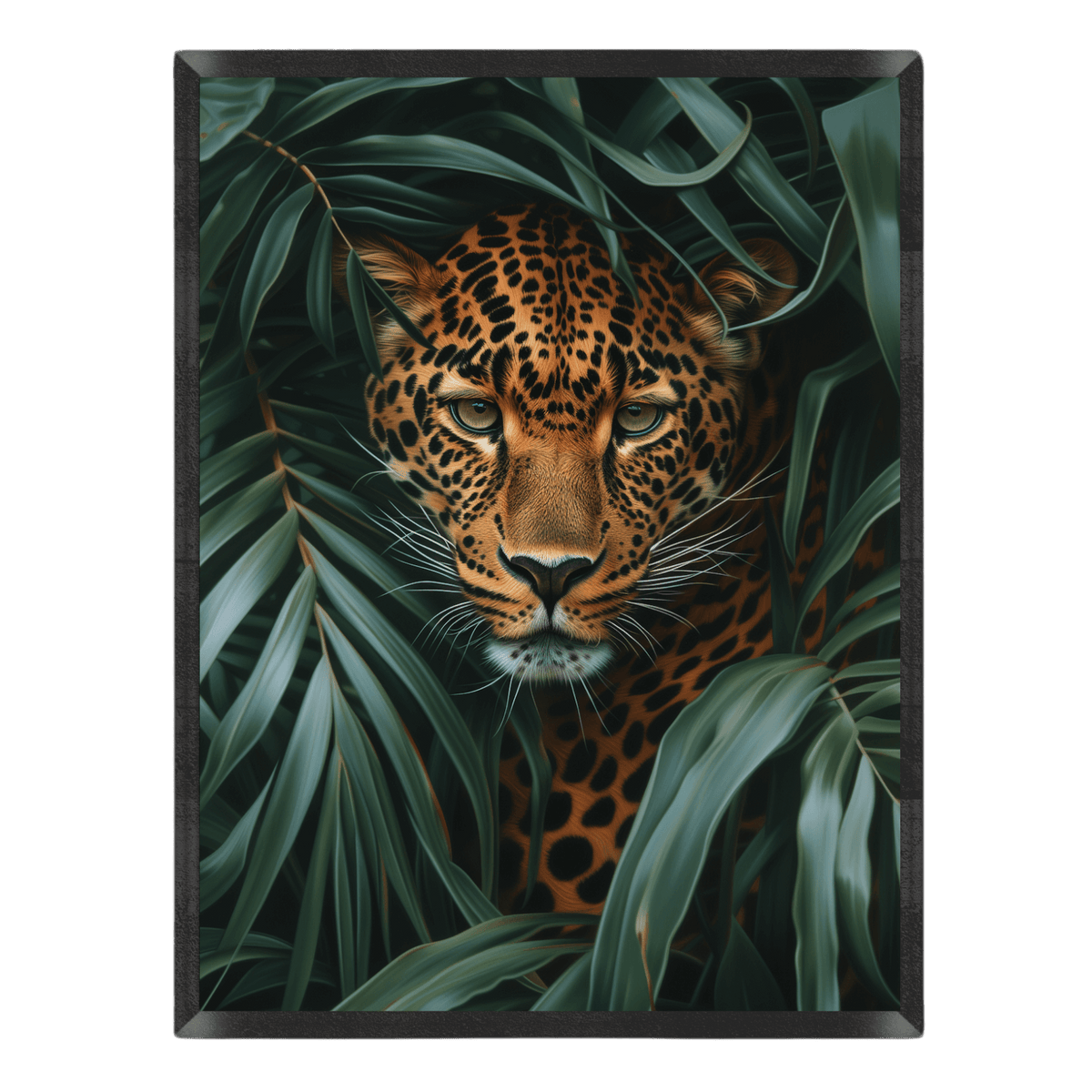 Leopard peeking through green leaves with a dark frame