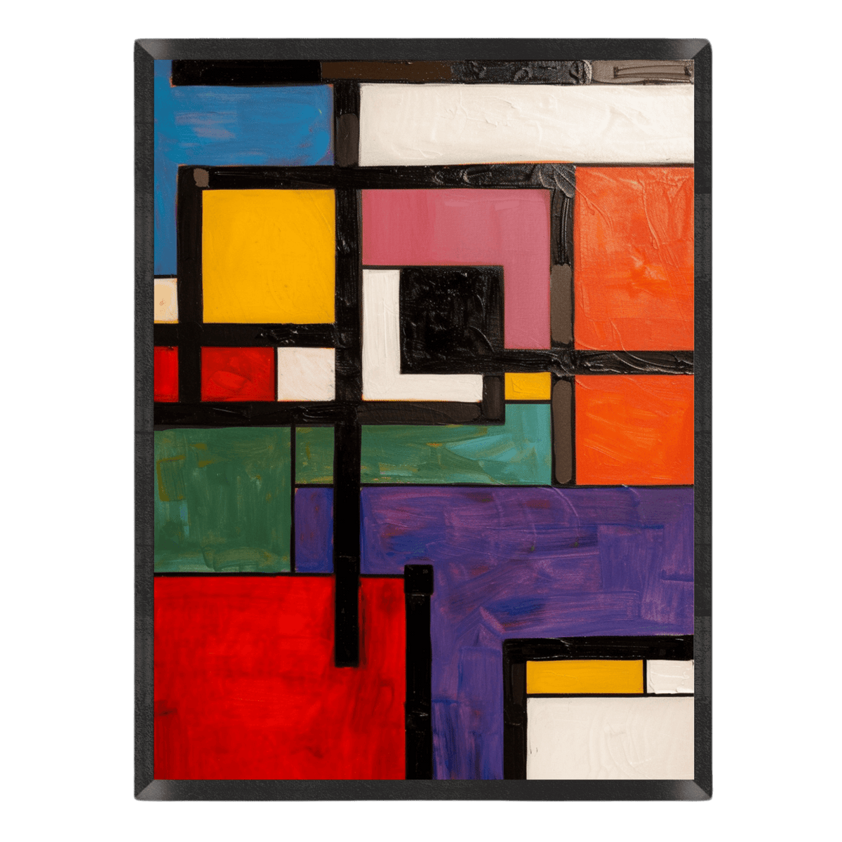 Abstract art piece with geometric shapes in various colors on a black background