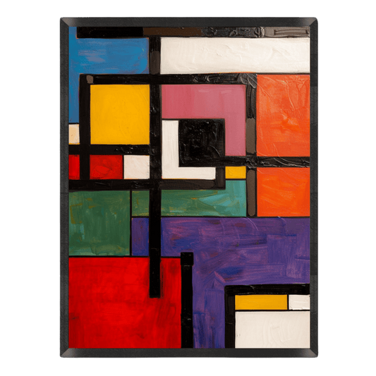 Abstract art piece with geometric shapes in various colors on a black background