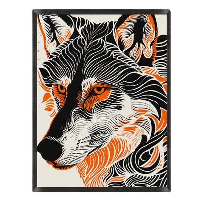 Framed artwork of a stylized wolf with orange and black patterns on a white background