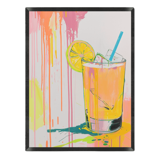Colorful illustration of a glass with a drink, lemon slice, and straw on a abstract background.