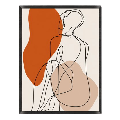 Abstract line art of a nude figure with brown and orange shapes on a beige background