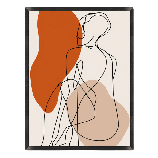 Abstract line art of a nude figure with brown and orange shapes on a beige background