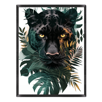 black panther art print featuring a close-up portrait of a dark leopard face with glowing yellow eyes emerging from lush tropical green palm fronds and monstera leaves, enclosed in a thin black frame