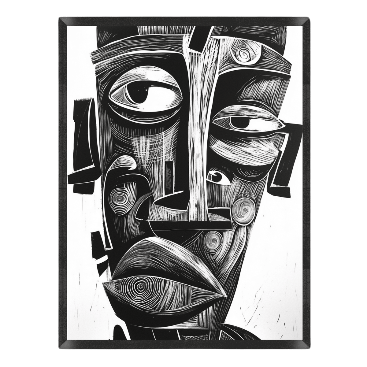 black and white woodcut print poster featuring a linocut-style tribal abstract face portrait composed of detailed carved lines, spiral patterns, and bold geometric shapes, enclosed in a thin black frame
