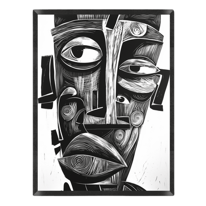 black and white woodcut print poster featuring a linocut-style tribal abstract face portrait composed of detailed carved lines, spiral patterns, and bold geometric shapes, enclosed in a thin black frame