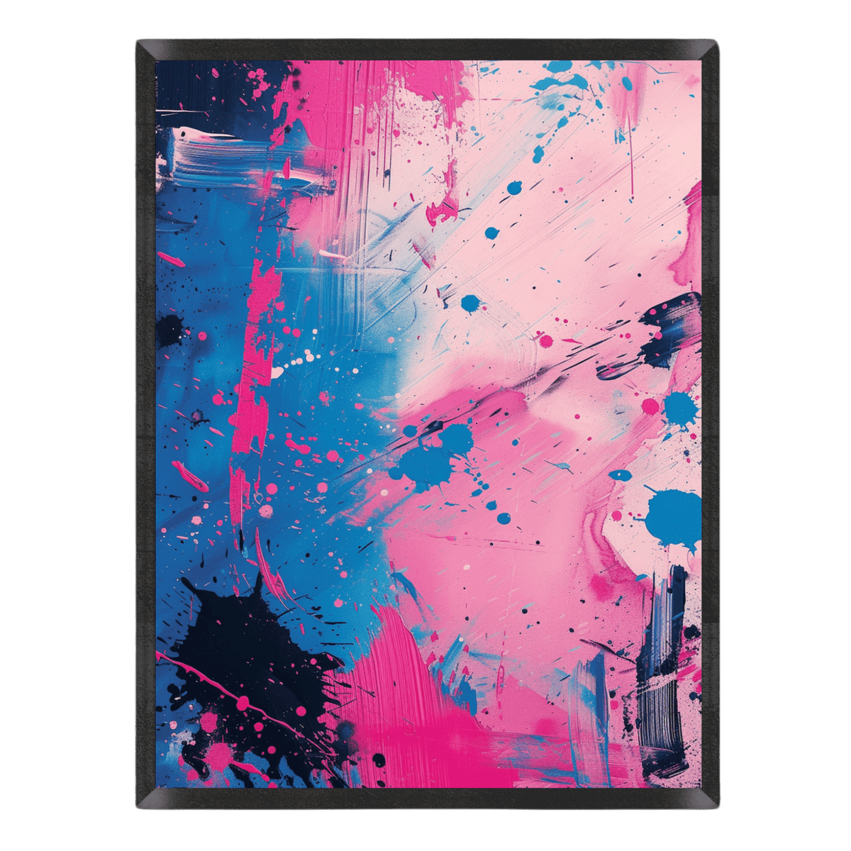 Abstract art print with pink and blue splashes on a black background