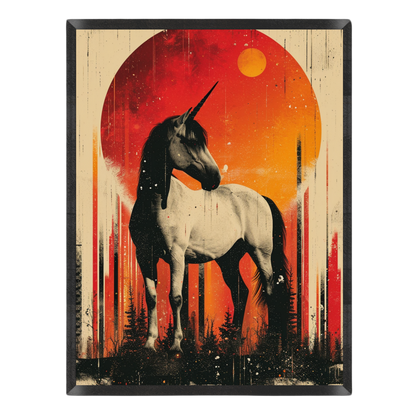 Wall art print featuring a black-and-white unicorn standing in front of a large red and orange sun-like circle, with distressed vertical streaks and dark tree silhouettes at the bottom.