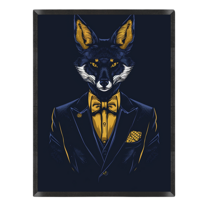 A rectangular framed art print featuring a stylized fox dressed in a dark navy suit with a bright yellow bow tie and pocket square, set against a dark background.