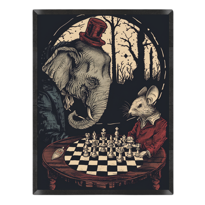 Wall art print featuring a whimsical illustration of an elephant and a mouse playing chess under a full moon in a forest, with the elephant wearing a top hat.