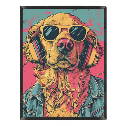 Pop art illustration of a cool Golden Retriever wearing yellow sunglasses, large over-ear headphones, and a denim jacket, set against a vibrant pink and teal grunge background.