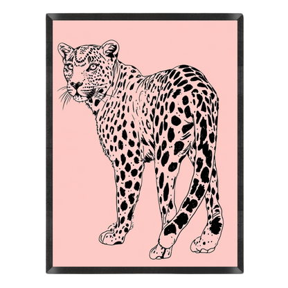 Wall art featuring a black line-art illustration of a leopard on a light pink background, shown against a white backdrop.