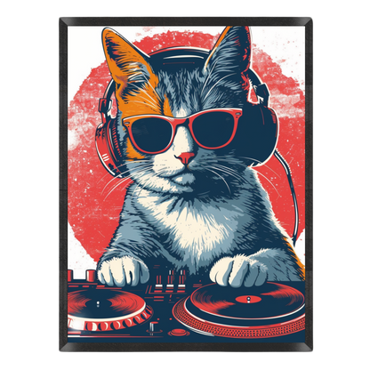 Wall art print featuring a stylized cat DJ wearing red sunglasses and headphones, playing turntables against a red and white background.